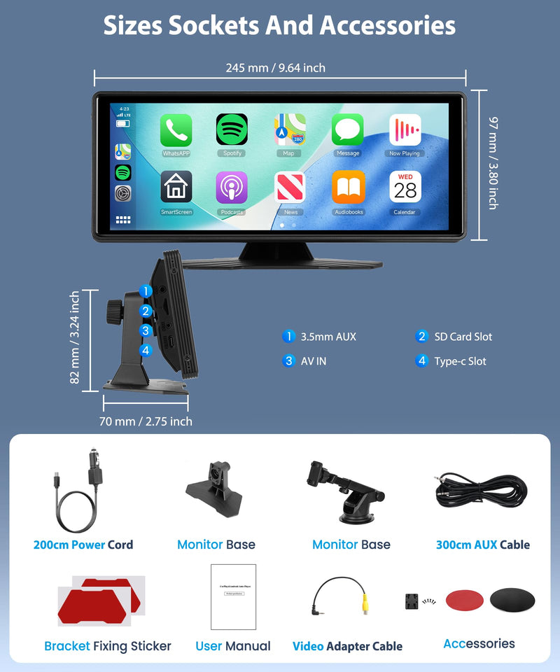 10.26” Wireless CarPlay Screen Portable Car Stereo, Upriding Wireless Android Auto Mirror Link, 1600x600 IPS Touchscreen, Voice Control, Navigation, Bluetooth, Plug n Play