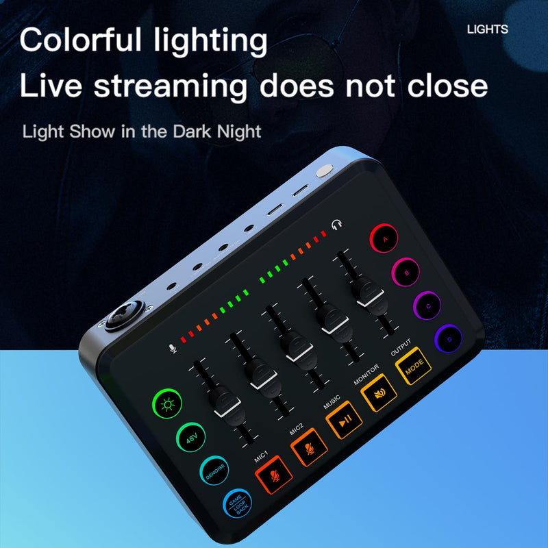 Portable Sound Card Wireless Live Streaming Audio Mixer for Podcasting Karaoke Gaming Noise Reduction RGB Lights 4-Custom Recording Buttons BT5.0 Compatible with PC/Phone