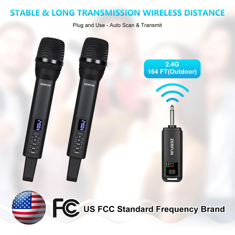 [AUSTRALIA] - Dual Rechargeable Wireless Microphones, Pro Handheld Cordless Mics System with Echo Treble BASS VOL Control for Karaoke Singing Church Party, 1/4'' Output, Black 2 Mics, Black 