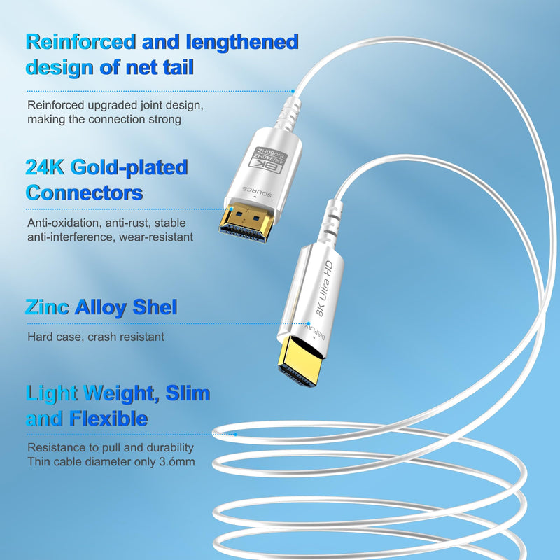 8K Fiber Optic HDMI Cable 100 FT, 8K@60Hz 4K@240Hz, Thin Extra Long HDMI Cable 48Gbps Ultra High Speed, Dynamic HDR, eARC, HDCP 2.2&2.3, 3D, Compatible for PS4/5/Xbox/TV/Laptop/Monitor 100 feet