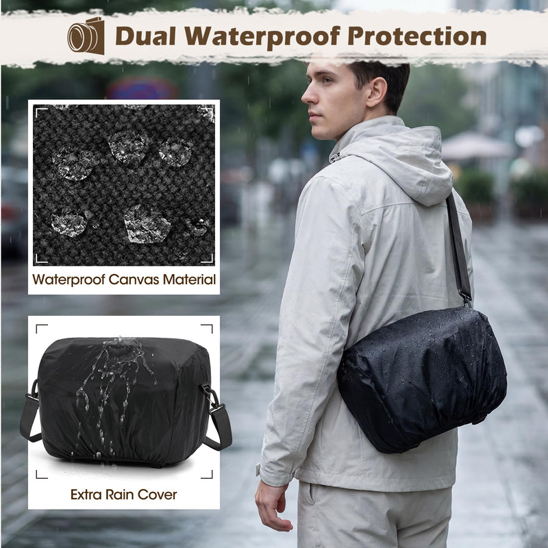 RAINSMORE Camera Sling Bag Canvas Crossbody Camera Case with Rain Cover | Water-Resistant Camera Shoulder Bag for DSLR Mirrorless Compact Camera Bags with Removable Dividers, Tripod Holder for Travel Black