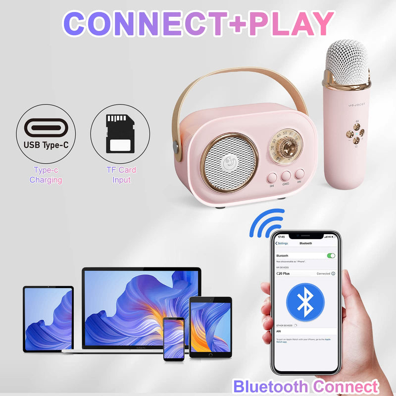 Mini Karaoke Machine,Karaoke Machine for Kids and Adults,Cute Karaoke with Microphone Set,Portable Bluetooth Speaker with Microphone,Retro Handheld Style for Family Party Meeting Singing (Pink) Pink