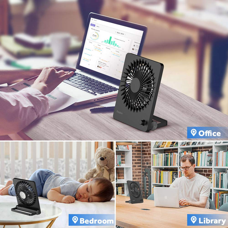 Portable Desktop Battery Operated Fan, EasyAcc 6-Inch Personal Small Desk Fan, [Quiet Step-less Speed Control Fan] 160°Tilt Foldable Hanging Standing Cooling Fan for Travel Office Home Outdoor Black