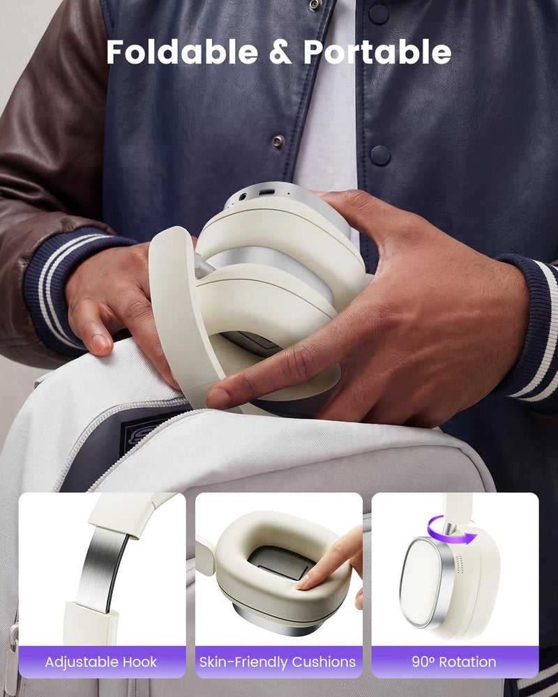 Active Noise Cancelling Headphones,78H Wireless Bluetooth Headphones | Over-Ear Headset,Bluetooth 6.0,Hi-Res,Low Latency,Foldable,Built-in Microphone,Ideal for Travel,Home,Office,Cellphone,PC Wheat White