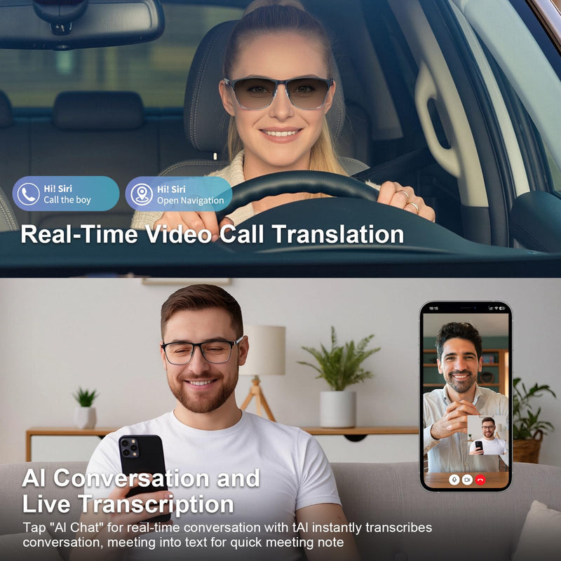 AI Translation Glasses, Bluetooth Smart Glasses with Photochromic Lenses | 164-Language Real-Time Translation, Open-Ear Audio, Voice Assistant, Travel, Business, Daily Wear