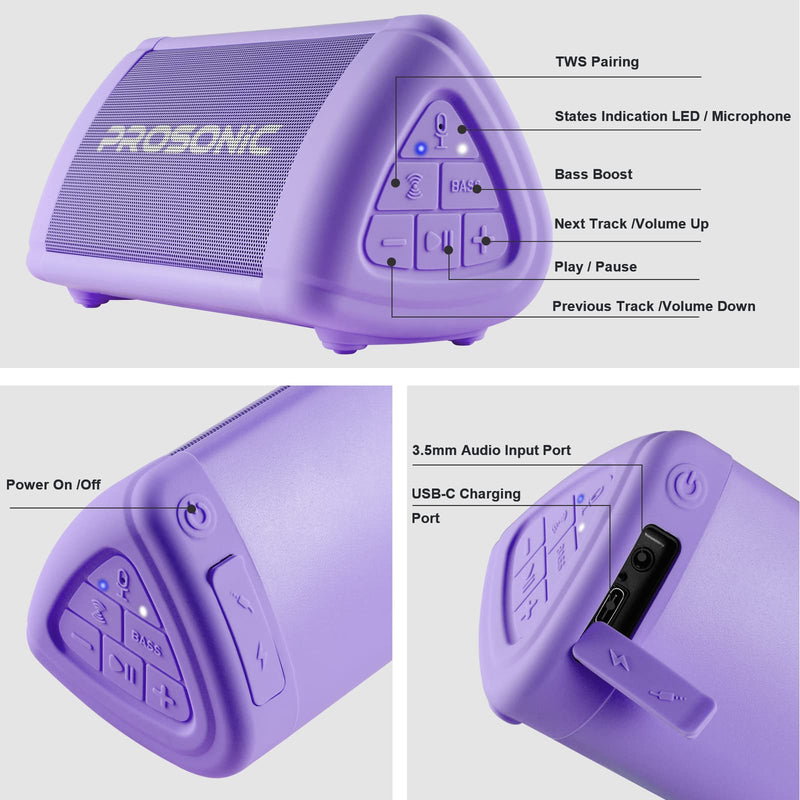 Prosonic BT3 Portable Wireless Bluetooth Speaker with 10W Stereo Sound & Bass Boost -Rich Sound & Intense Bass -Bluetooth 5.0 -Microphone -IPX5 - in & Outdoor Speaker (Purple) Purple