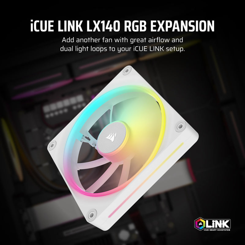 CORSAIR iCUE Link LX140 RGB 140mm PWM Fan Single Pack – Dual Light Loops – Requires iCUE Link System Hub (Sold Separately) – CORSAIR AirGuide Technology – White 1 x 140mm