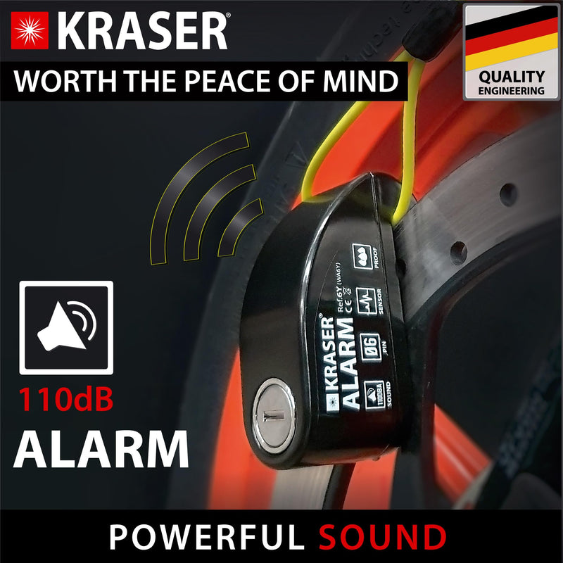 KRASER 6Y Alarm Disc Lock, Reinforced Disc Brake Lock with 3 Keys (Others 2), Heavy Duty Anti-Theft Motorcycle with Alarm,110dB, Weather-Resistant, Reminder Cable, Pouch, Motorbike Moped E-Bike Black