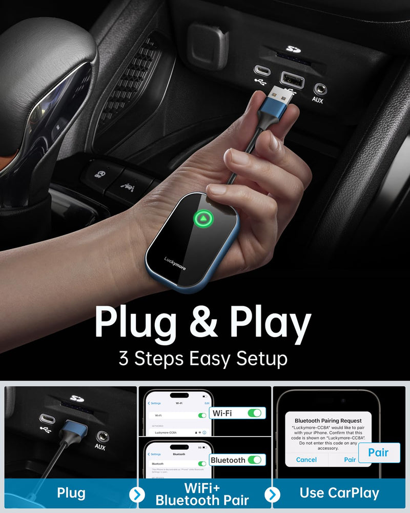 Luckymore Wireless Carplay Adapter, Converts Wired to Wireless Carplay Dongle for Wireless Control Plug & Play Carplay Fit for Cars from 2017 & for Apple iPhone iOS 10+ Navy