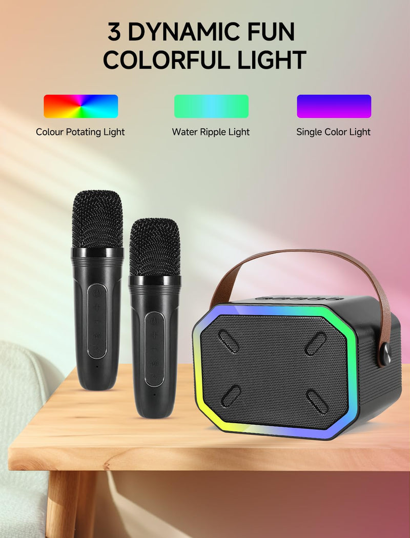 [AUSTRALIA] - Karaoke Machine for Kids and Adults, Mini Portable Bluetooth Speaker with 2 Wireless Microphones, Led Lights for TV, Kids Gifts for Girls Boys Family Party Birthday (Black) Rectangle Black 