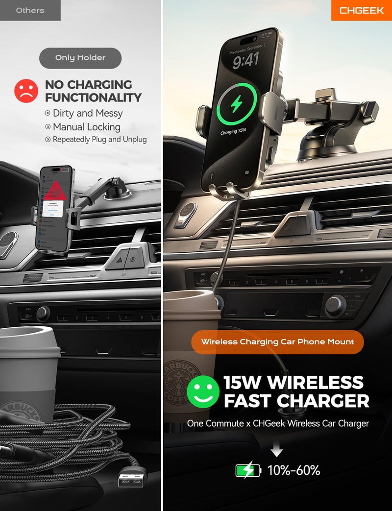 Wireless Car Charger Phone Holder Mount, 15W Fast Charging Auto Clamping Phone Holders for Your Car Dashboard Windshield Air Vent Car Accessories for iPhone, Samsung Galaxy, Google Pixel etc Black