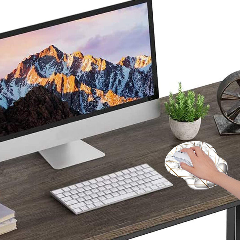 HEVITDA Mouse Pad with Support Marble Detailing with Gold Stripes Mouse Pad Marbling Mouse Pad Comfortable Wrist Rest Pad with Non-Slip PU Base for Gaming Home Office Travel Golden Geometric Lines on White Marble