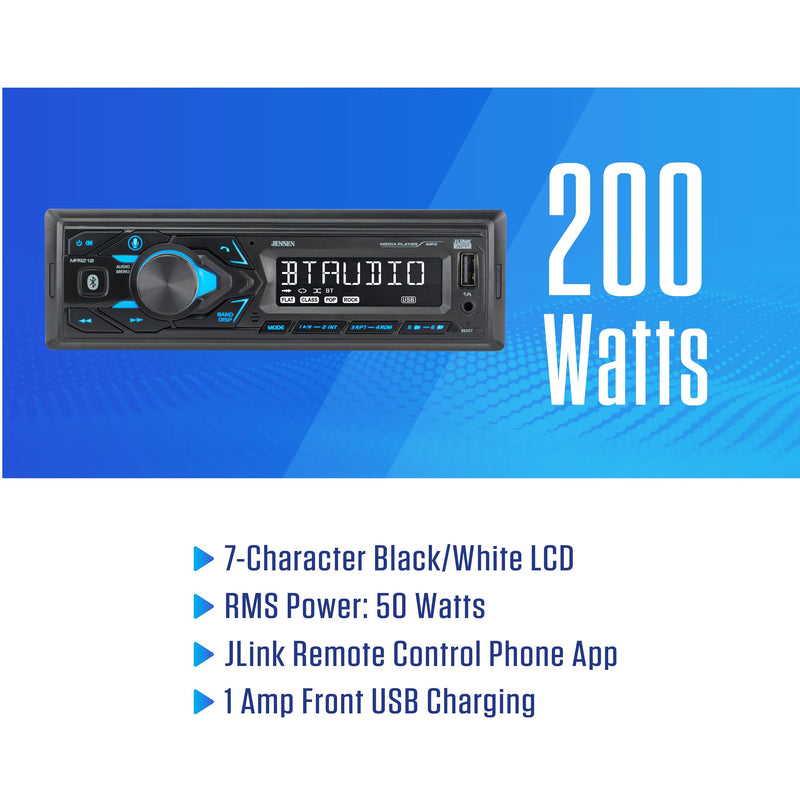 Jensen MPR210 Single DIN Bluetooth Car Stereo, Hands-Free, AM/FM, USB | Bluetooth hands-free calling and streaming, push-to-talk assistant, USB playback and charging Black/White LCD