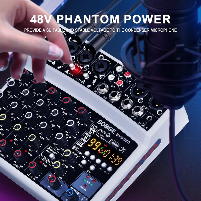 BOMGE 6 Channel Audio Sound Mixer - Professional Digital DJ Mixing Console for Live Streaming, Karaoke and Stereo Recording - With PC Computer Record Playback/Bluetooth/MP3/USB/48V /99 DSP White