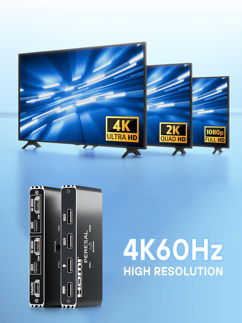 USB KVM Switch, KVM Switch 1 Monitors 2 Computers, HDMI Switch, 4K@60Hz KVM Switches for 2 Computers Sharing 1 Monitor, 4 USB Devices Such as Keyboard, Mouse, Printer, Scanner Black
