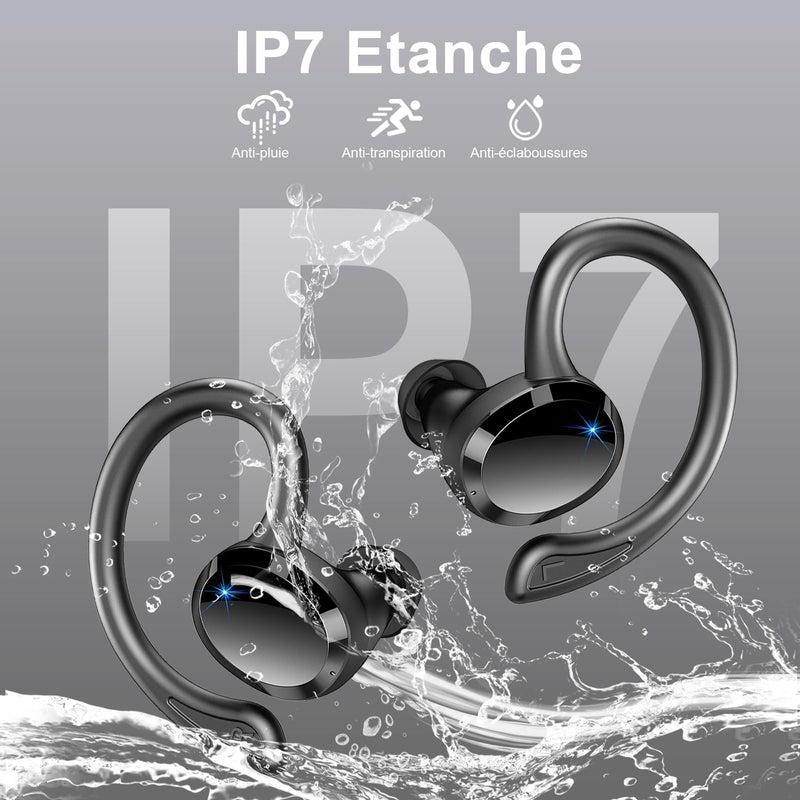 Wireless Earbuds Bluetooth Headphone Sport, 2024 Bluetooth 5.3 Earbud 14.2mm Driver Stereo Over Ear Buds, 48Hrs Earphone with Earhook, Noise Cancelling Mic, IP7 Waterproof Headset for Workout/Running 800 mAh Black