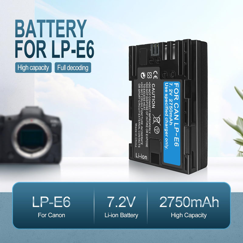 2 Pack LP-E6/LP-E6N/LP-E6NH 2750mAh High-Capacity Battery for Canon EOS R Series (R,R5,R5 Mark II,R5C,R6,R6II,R7), 5D Series (II,III,IV,5DS,5DS R), 90D/80D/70D/60D/60Da,6D (6D,II),7D (7D,II),XC10/XC15 2 Batteries