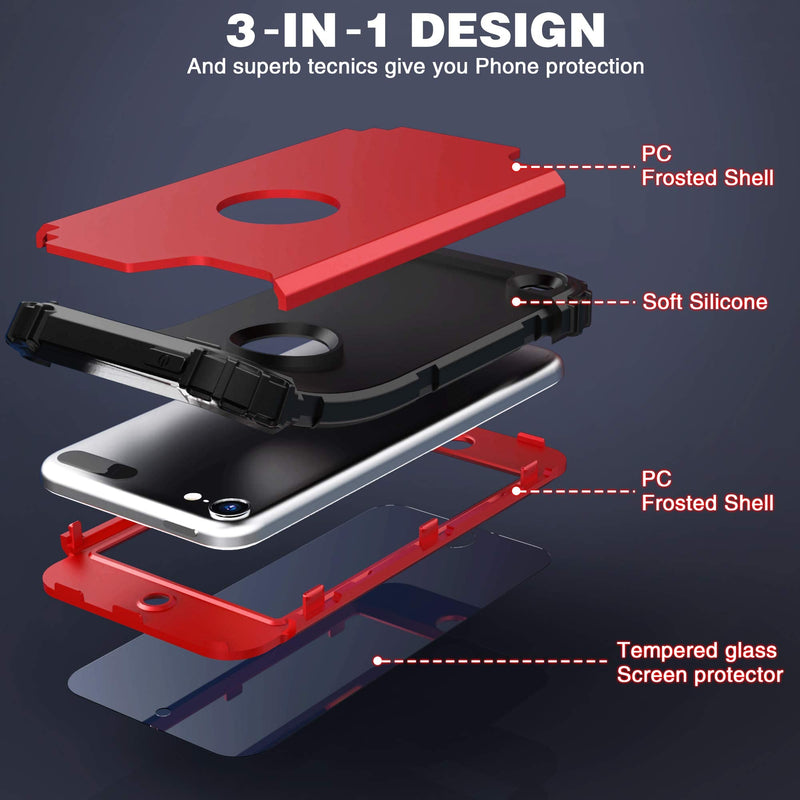 IDweel for iPod Touch 7th Generation Case with 2 Screen Protectors, Hybrid 3 in 1 Shockproof Slim Heavy Duty Hard PC Cover Soft Silicone Bumper Full Body Case for iPod Touch 5/6/7th Gen, Red