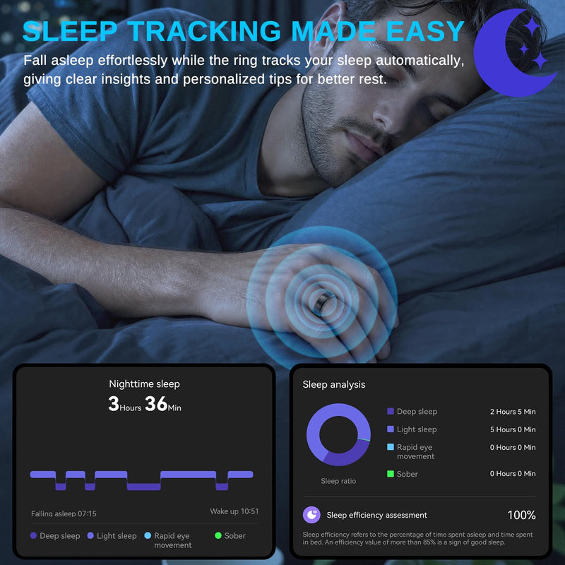 Smart Ring for Men & Women, Fitness and Health Tracker Ring(Black 11) | Heart Rate Monitor, SpO2, Sleep Tracking & Step Counter, IP68 Waterproof, No Subscription Fee, iOS & Android Compatible Black