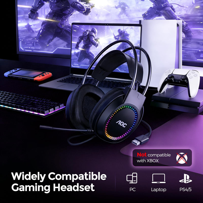 [AUSTRALIA] - AOC Wired Gaming Headset with Mic, USB Gaming Headphone with Stereo Sound for PC/Laptop/PS4/PS5, 50mm Drivers RGB Corded Headphones for Game/Work/Music, ACG2500 