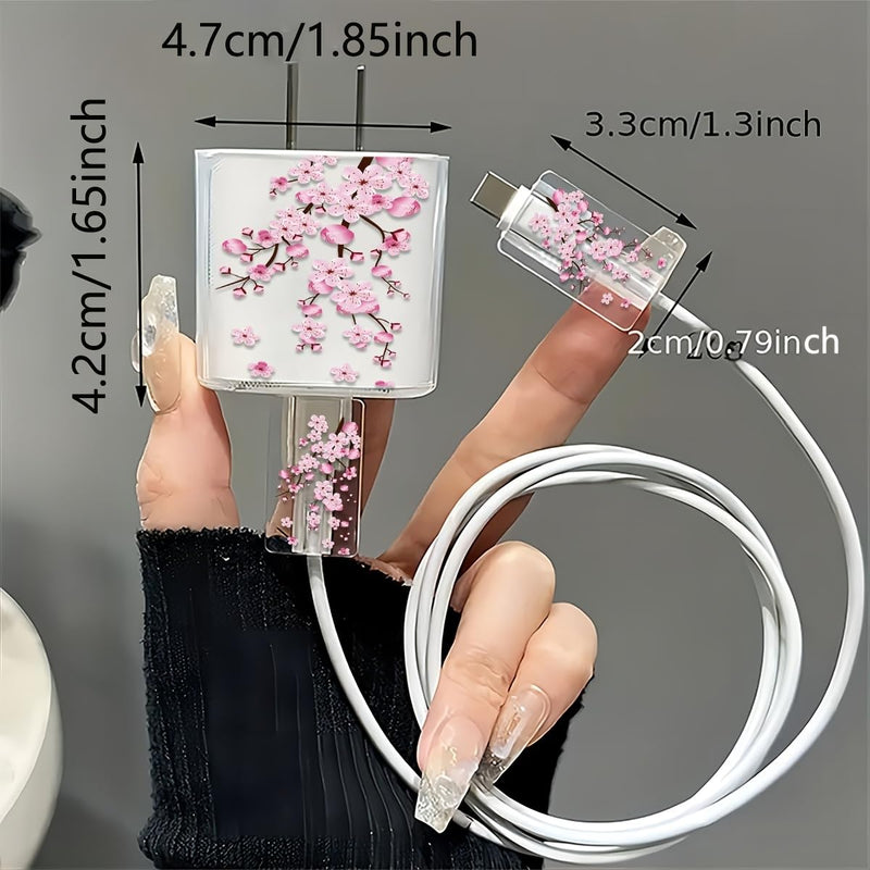 3 Pack Charger Protector Set Pink Peach Blossom Pattern Transparent TPU Cable Case for iPhone 18W 20W Home Travel Office, Pink Peach Blossom 3pcs/1set