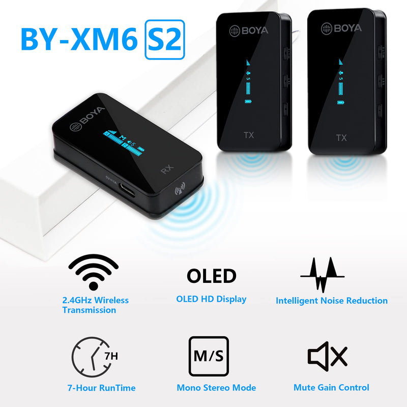BOYA BY-XM6-S2 Wireless Lavalier Microphone 2.4GHz Dual Channel Wireless Lapel Microphones for Cameras DSLR Camcorder Clip on Lapel Mic for Video Recording YouTube Vlogging Interview 328ft Range 2TX+RX