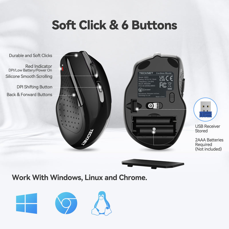 [AUSTRALIA] - TECKNET Wireless Mouse, 2.4G Ergonomic Optical Mouse, Computer Mouse for Laptop, PC, Computer, Chromebook, Notebook, 6 Buttons, 24 Months Battery Life, 2600 DPI, 5 Adjustment Levels Black 