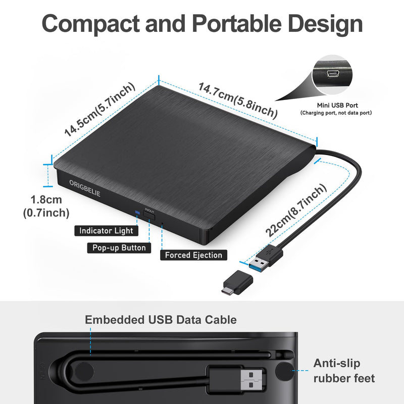 ORIGBELIE External CD/DVD Drive for Laptop, USB 3.0 CD ROM DVD +/-RW Burner | Portable External DVD Optical Disk Drive Player Reader Writer for Desktop PC Macbook iMac Mac Windows 11/10/8/7/XP Linux OS 5.6" x 5.8" x 0.7"