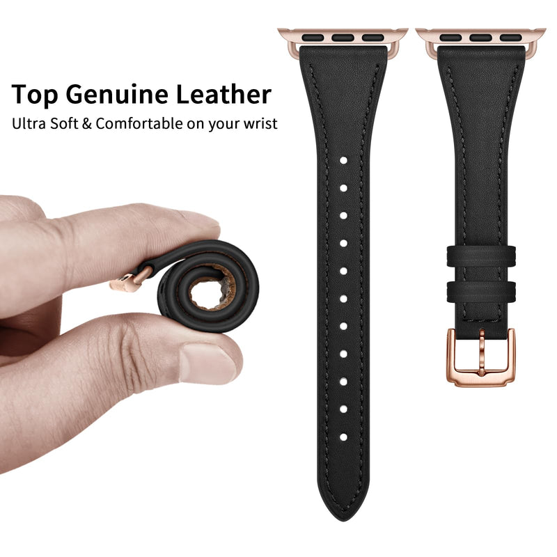 XCCYBTT Slim Leather Bands Compatible with Apple Watch Band 42mm 41mm 40mm 38mm, Genuine Leather Replacement Band for iWatch Series 10/9/8/7/6/5/4/3/2/1/SE Women, Black/Rose Gold and Black/Silver