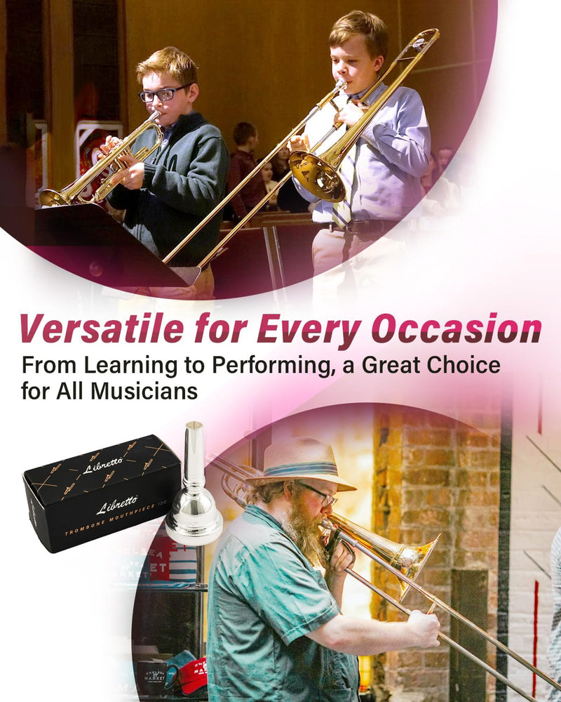 Libretto 12C Trombone Mouthpiece, 2μm Silver Plated Mouthpiece w/Vacuum Packing, Small Shank Compatible with Alto Trombone & Baritone, Designed for Beginner, Student, Jazz Player