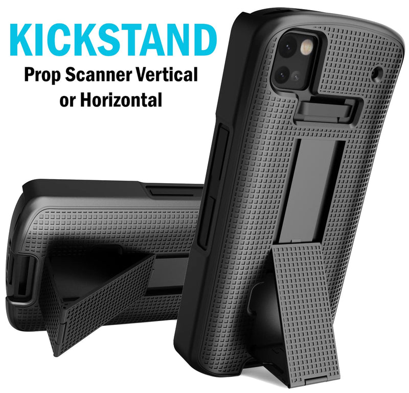 Case + Hand Strap + Belt Clip Combo for Zebra TC53 TC58 Mobile Computer Scanner, Nakedcellphone Slim Hard Shell Cover with Kickstand and [Rotating/Ratchet] Belt Hip Holster Holder Combo - Black