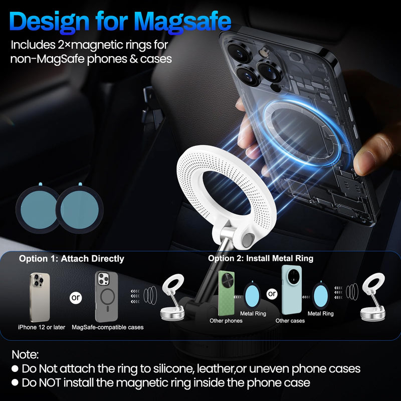 Jikasho Magnetic Phone Holder for Car, Suction Cup Phone Mount for Magsafe | 360° Adjustable Vacuum Car Phone Mount, Hands-Free Phone Holders for Your Car for iPhone 17 Pro Max 16 15 14 13 12 Air Plus White