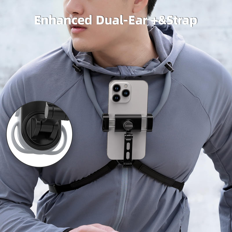 Neck Phone Holder POV/Vlog Neck Mount for Phones with Phone Clip, Hands Free Phone Neck Holder w Chest Strap Neck Selfie Mount Video Recording for iPhone Samsung Google Pixel and All Phones Premium Gray
