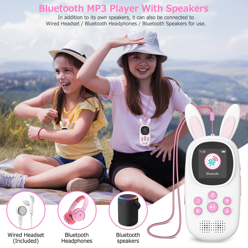 Mp3 Player for Kids, Cute Bunny Kids Mp3 Player with Bluetooth, 32GB Mp3 Players with Speaker, FM Radio, Recordings, Alarm, Pedometer, Stopwatch, Support up to 128GB