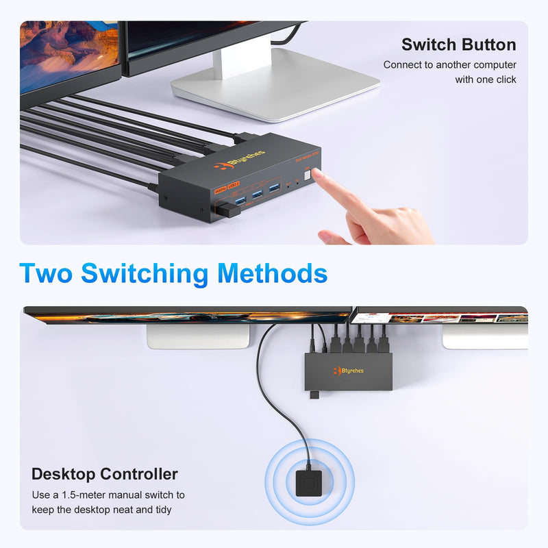 4K HDMI KVM Switch 2 Monitors 2 Computers,Dual Monitors KVM Switcher | 4K@60Hz,Support Extended/Copy Mode Share 4 USB 3.0 Hub with 2 USB Cables,Controller Suitable Office Gaming Meeting Plug&Play Orange Black 2 PC 2 Monitors