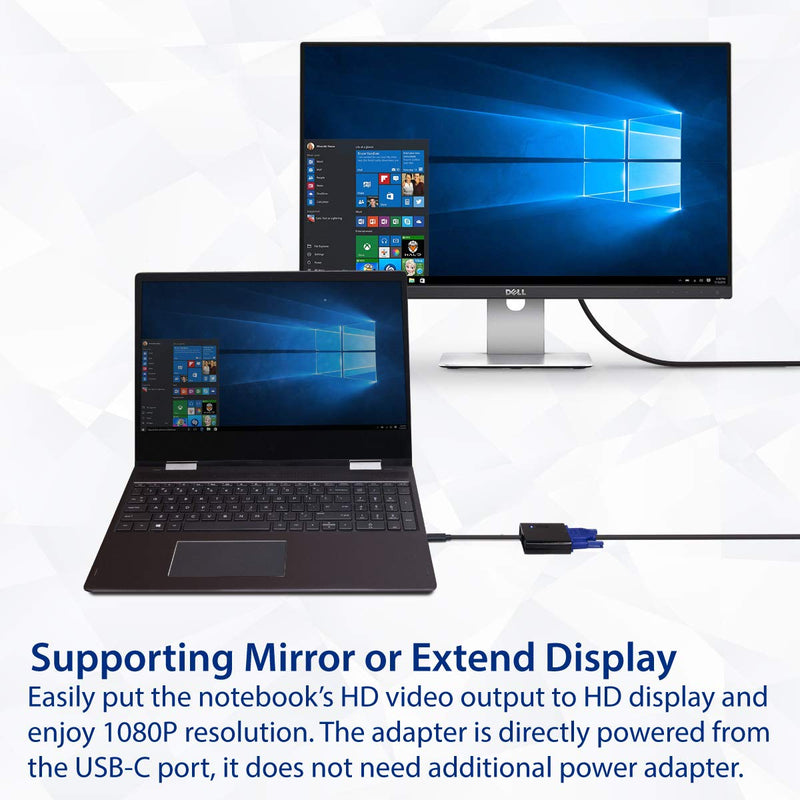 USB Type-C to VGA Adapter. Support Resolution up to 1080p. Bus-Powered. Fully Plug-n-Play. Thunderbolt 3