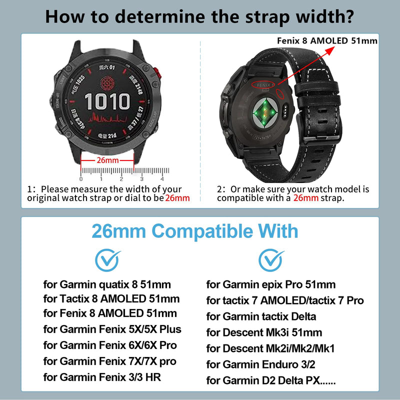ZPJPPLX 26mm Quick fit Watch Band Compatible with Garmin Fenix 8/quatix 51mm/Fenix 7X pro/7X/6X Pro/6X/5X Plus/5X/3 HR/3/tactix 8 AMOLED-51mm/7 Pro/Enduro 3 2/Descent Mk3i-51mm/Mk2i