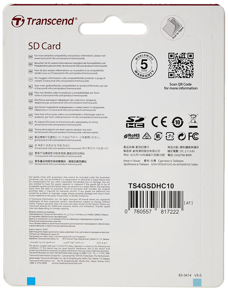 Transcend 4GB Class 10 SDHC Card (TS4GSDHC10) Standard Packaging