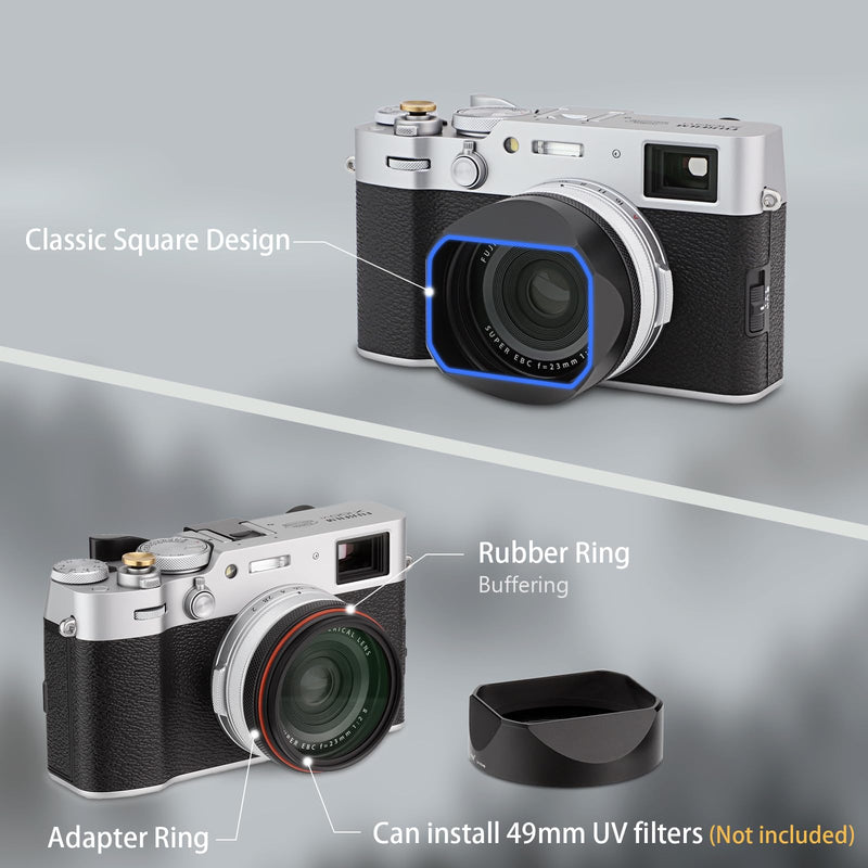 [AUSTRALIA] - Haoge LH-X54B Square Metal Lens Hood with 49mm Adapter Ring for Fujifilm X100VI Fuji X100V Camera Black 