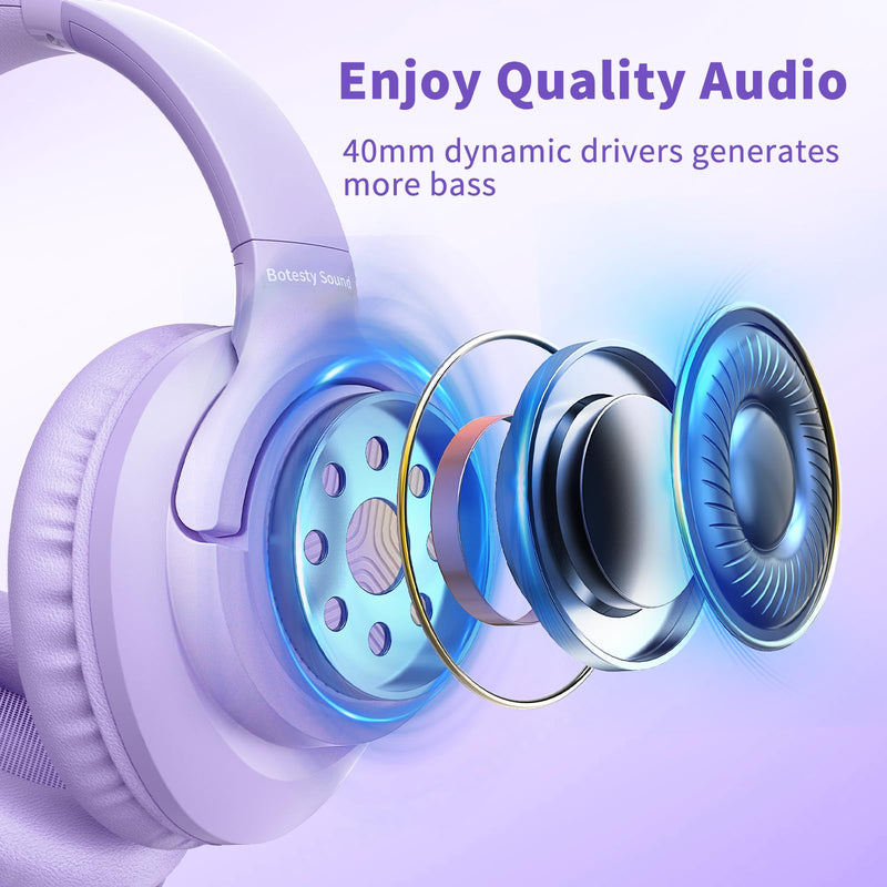 Botesty Sound Headphones Wired with Microphone, Over Ear Foldable 3.5mm Plug in Headphones with 4.9ft Tangle-Free Nylon Cord for Tablet, Laptop, MP3/4, School, Airplane Travel (Purple) Purple