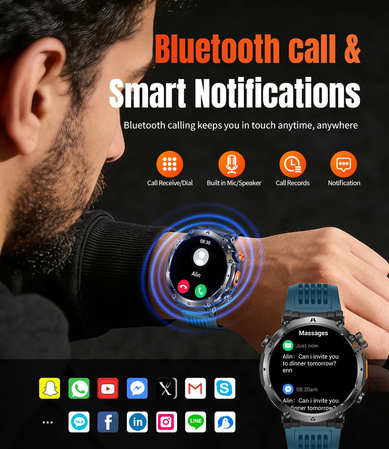 Military Smartwatch for Men with GPS, 850nAh, 1.7-Inch HD Outdoor Watch | 3ATM Waterproof, Answer/Make Call, with LED Flashlight / 100+ Sports Modes / Fitness Tracker, Compatible with Android & iOS Blue tape