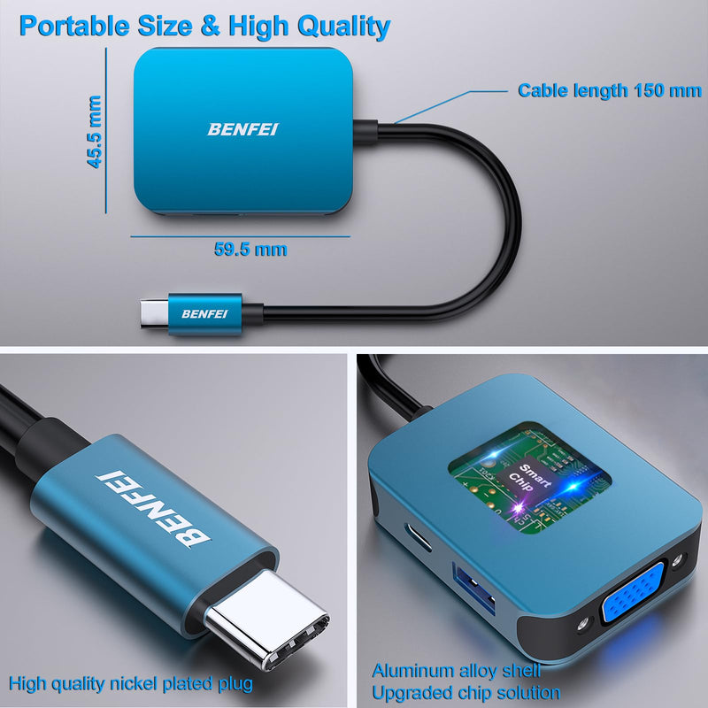 [AUSTRALIA] - BENFEI USB C HUB 4in1, USB Type-C to HDMI VGA Adapter, USB C to USB Adapter, USB Type-C Power Delivery, Compatible with iPhone 15 Pro/Max, MacBook Pro/Air 2023, iPad Pro, iMac, S23, XPS 17 1 Blue 
