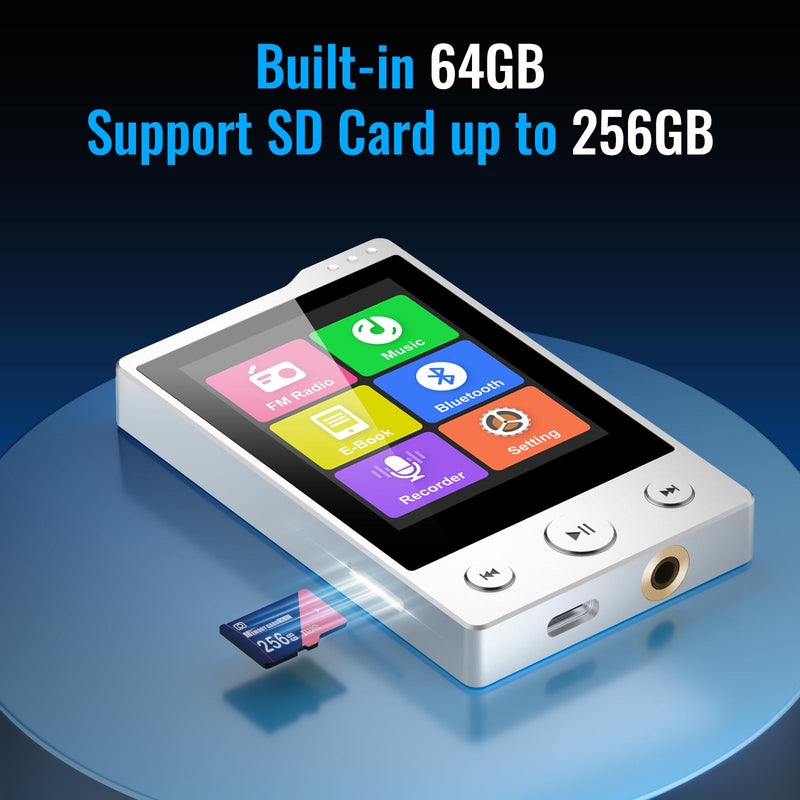 [AUSTRALIA] - 64GB MP3 Player with Sturdy Build & Durable,Aluminum Alloy,Phinistec Portable Mini Bluetooth Music Player with FM Radios,50 Hours Long Battery Life,2.4" Touchscreen,Up to 256GB 