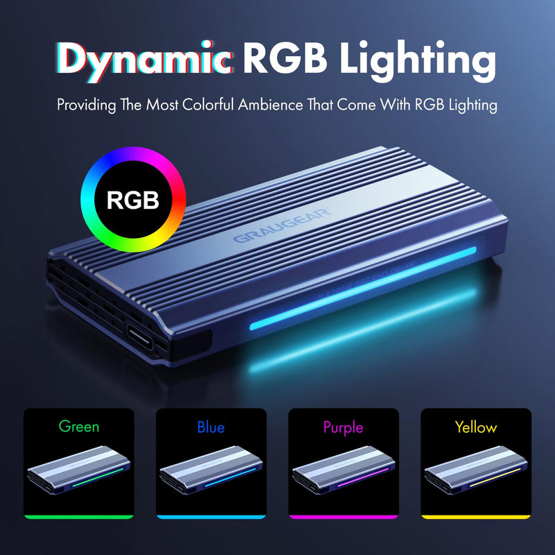 GRAUGEAR M.2 SSD NVMe Enclosure RGB, 10Gbps USB3.2 Gen2 Tool-Free Aluminum External M2 Solid State Drive NVMe Enclosure USB C, RTL9210 External Case for PCIe NVMe M-Key B+M Key [G-M901-AC-10G]