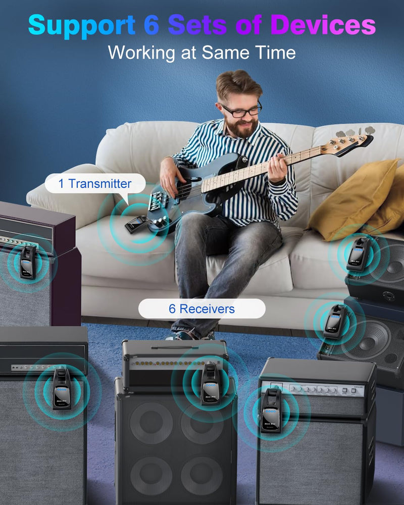 [AUSTRALIA] - Wireless Guitar System 2.4 GHz with 6 Channels Rechargeable Audio Wireless Guitar Transmitter Receiver for Bass Electric Instruments Black 