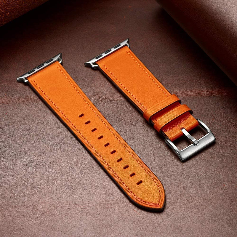 OUHENG Compatible with Apple Watch Band Genuine Leather Replacement Strap 41mm 40mm 38mm Black & Orange