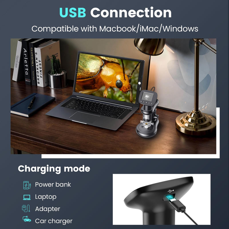 [AUSTRALIA] - Kids Microscope for Ages 8-12, Handheld Digital Microscope D-MS1 with 2" IPS Screen - Take Pictures & Videos - Download to PC & Mac - 1000X Pocket Microscope, Used Birthday for Kids black with stand 