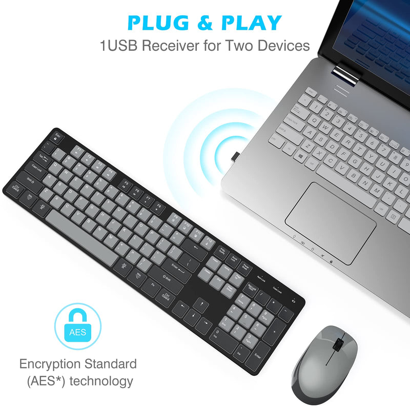 POWZAN Wireless Keyboard and Mouse, Ultra Slim Compact Full Size Wireless Keyboard and Mouse Combo 2.4G Ultra-Thin Sleek Design for Windows, Mac, Computer, Desktop, PC, Notebook - (Black Gray) Black Grey