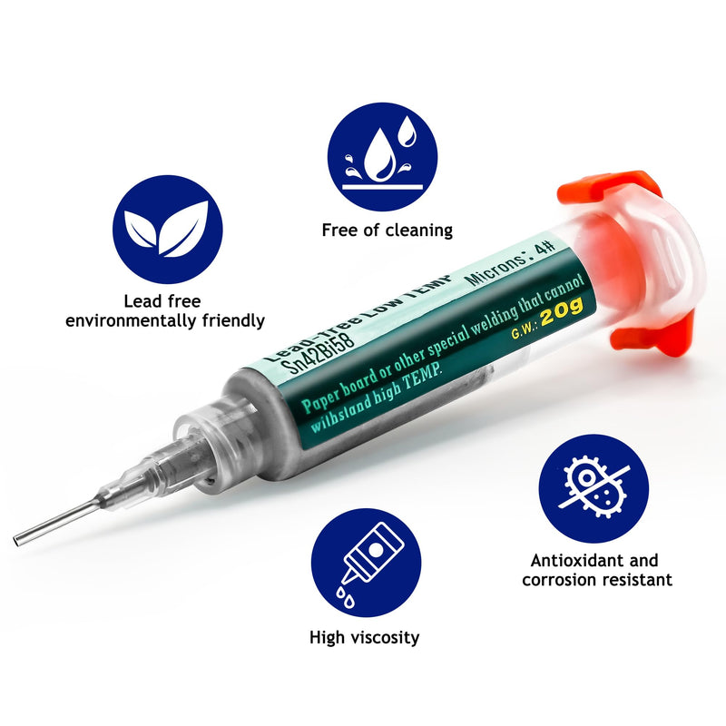 Syringe Soldering Paste, Sn42 Bi58 Soldering Paste SMD, Lead-Free Soldering Paste with 2 Dosing Tools and Push Rods, No Cleaning Required, Low Temperature 138°C, for BGA SMT Solder (20g)