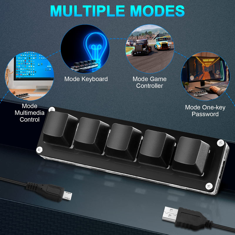 Ecarke Black 5 Keys Mini Macro Mechanical Keyboard Gaming Keypad with USB Data Cable for Windows Mac OSU HID Standard KeyboardUpgrade Cherry Shaft（Upgrade Cherry Shaft & RGB LED）